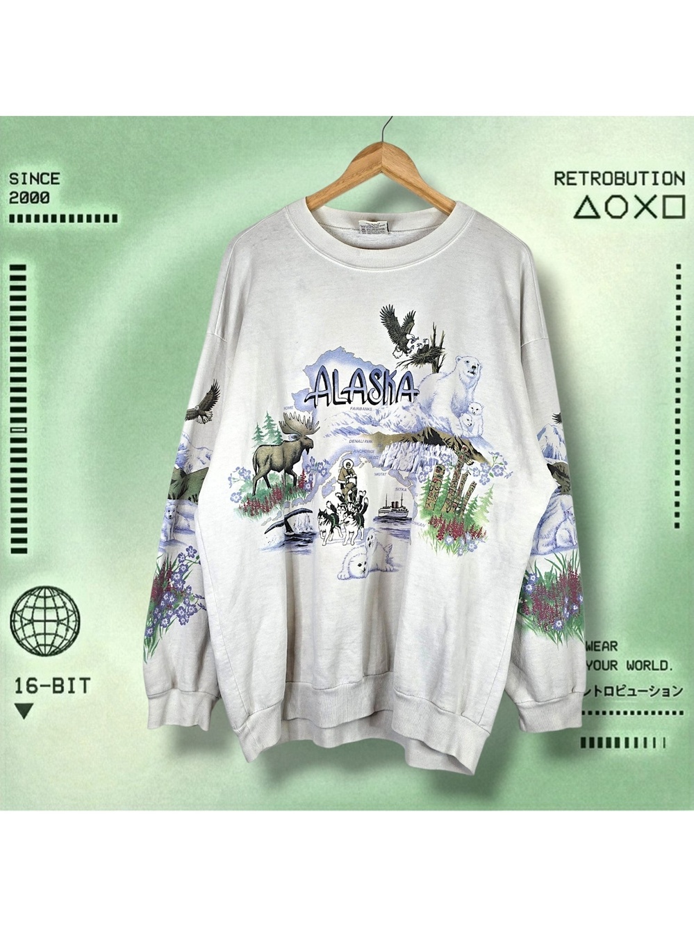 Vintage 90s Alaska Nature All Over Graphic Crewneck Sweatshirt White Size XL